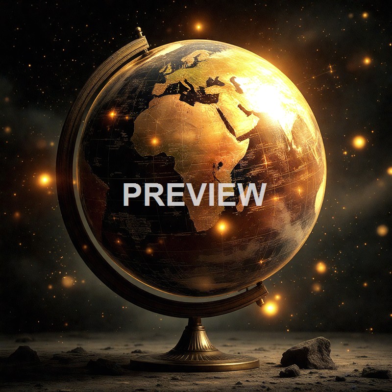 A glowing, golden globe of Earth resting on a stand, with a backdrop of stars and space, emphasizing the continents of Africa, Europe, and Asia.